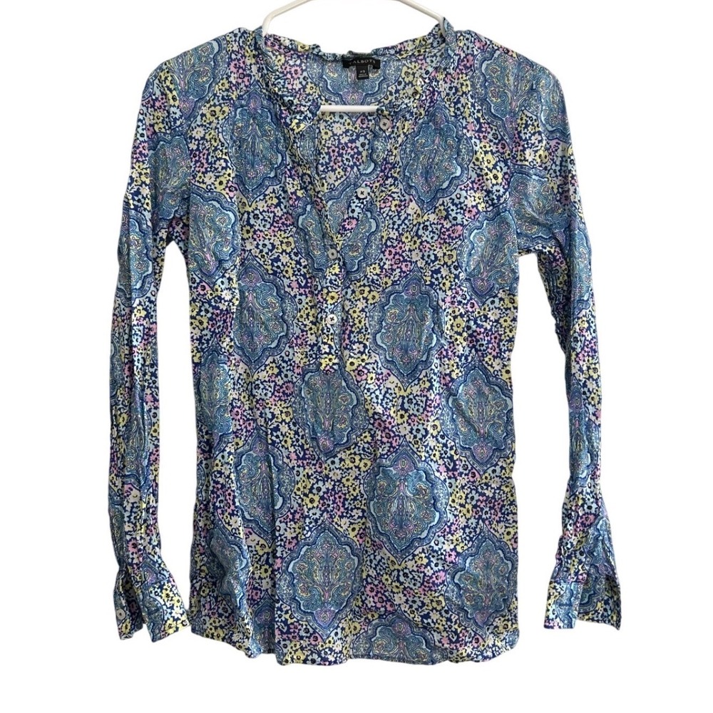Talbots Womens Paisley Print Long Sleeve Blouse Top XS V Neck Yellow‎ Blue Pink